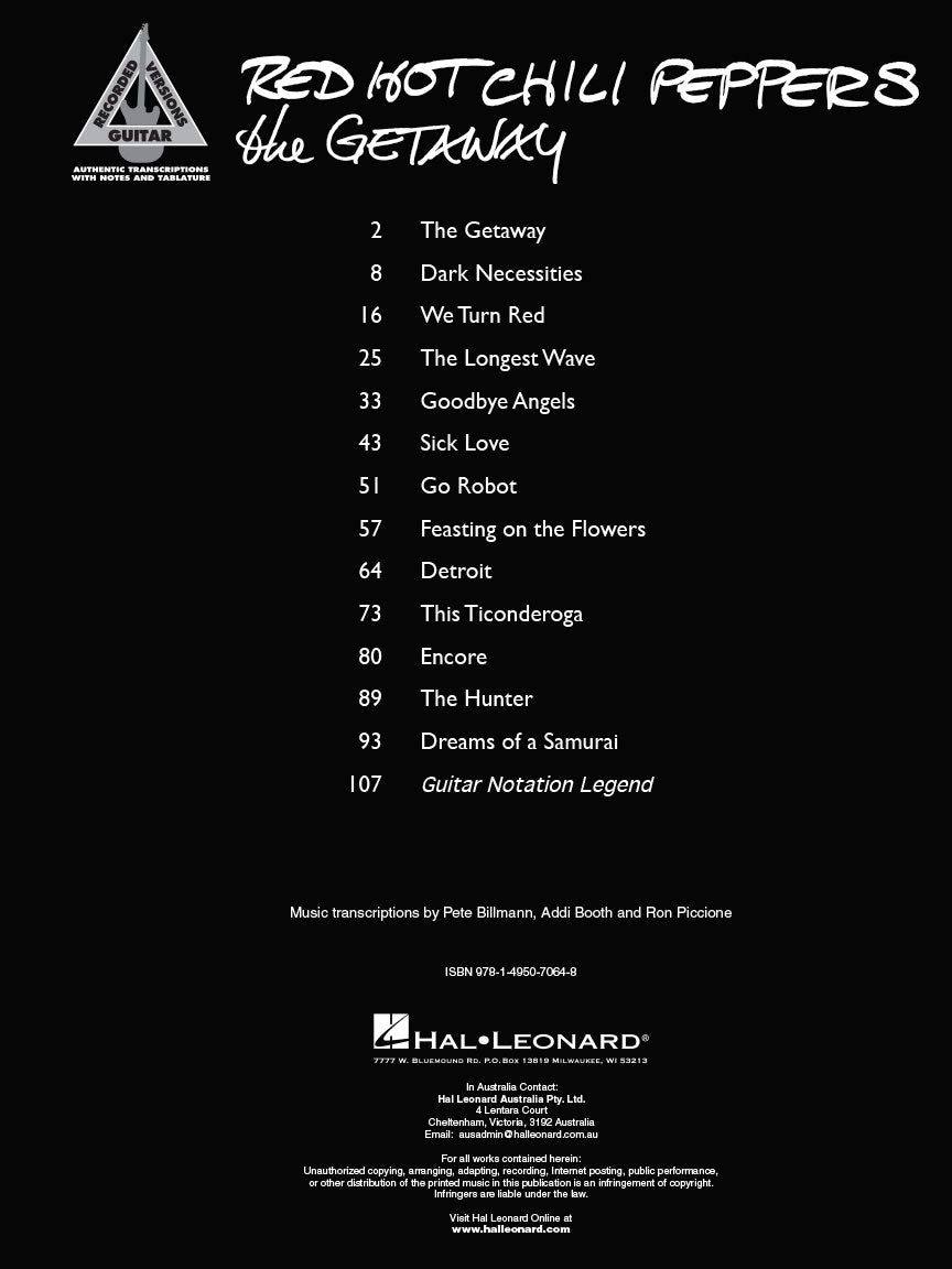 Red Hot Chili Peppers - The Getaway Guitar Tab Book