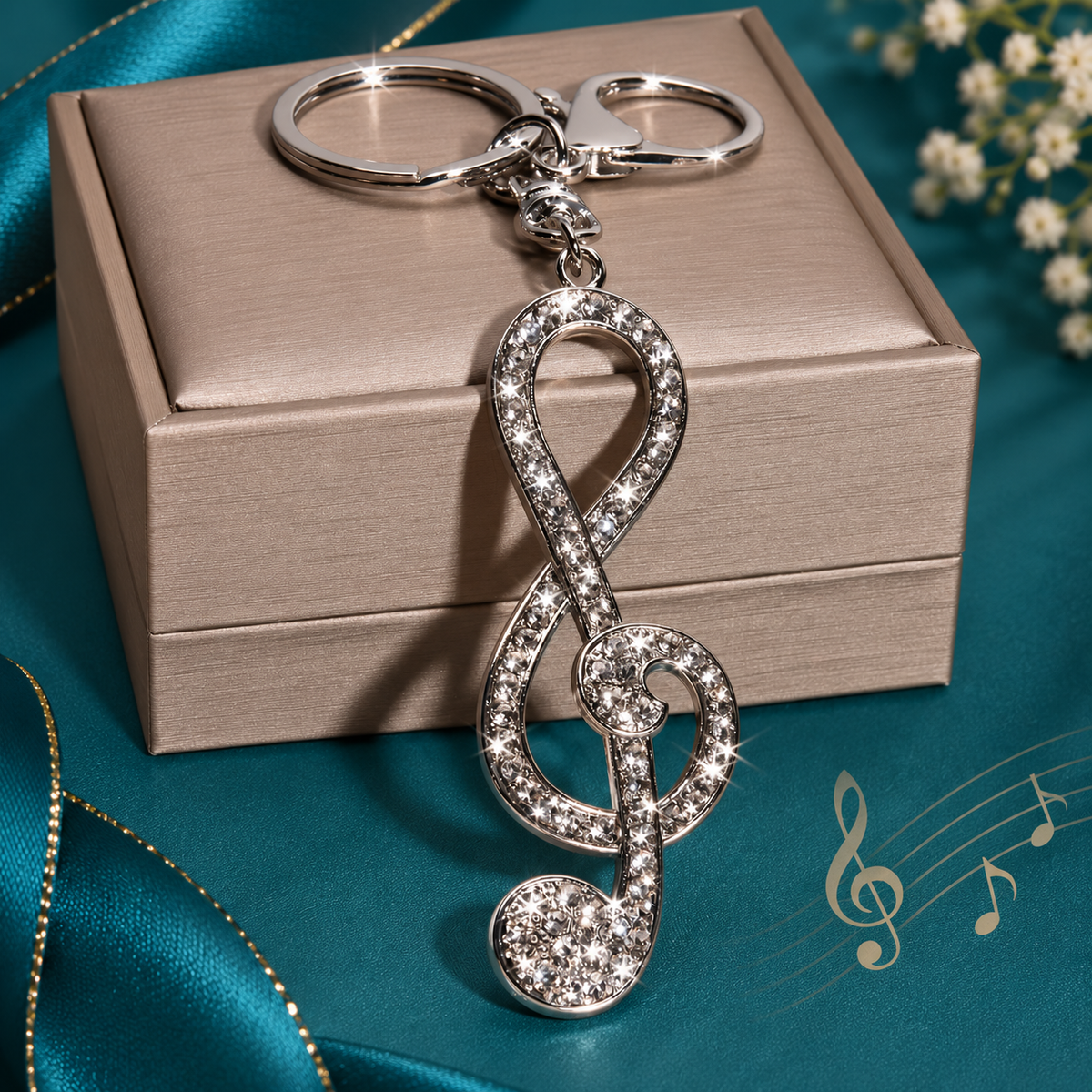 Large Silver and White Rhinestone Treble Clef Keyring with Lobster Clasp