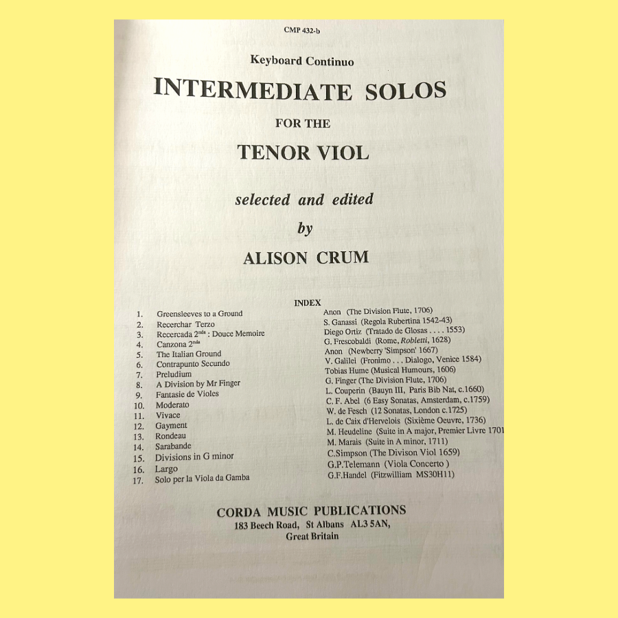 Alison Crum - Intermediate Solos for the Tenor Viol Book (17 Pieces)