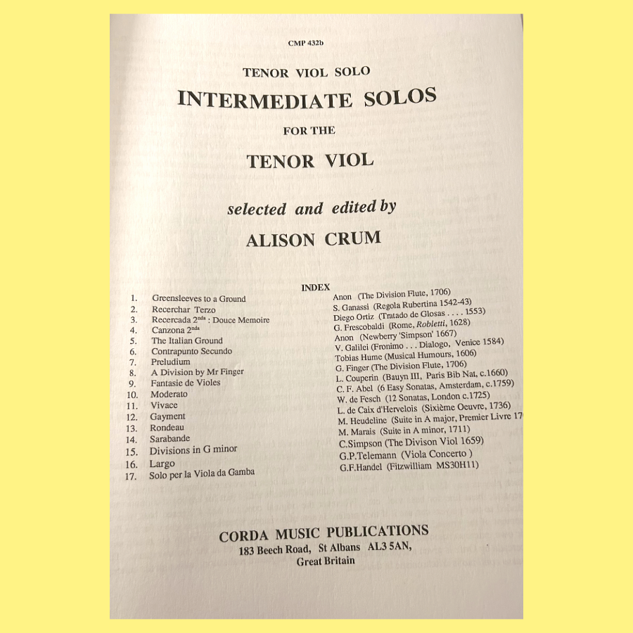 Alison Crum - Intermediate Solos for the Tenor Viol Book (17 Pieces)
