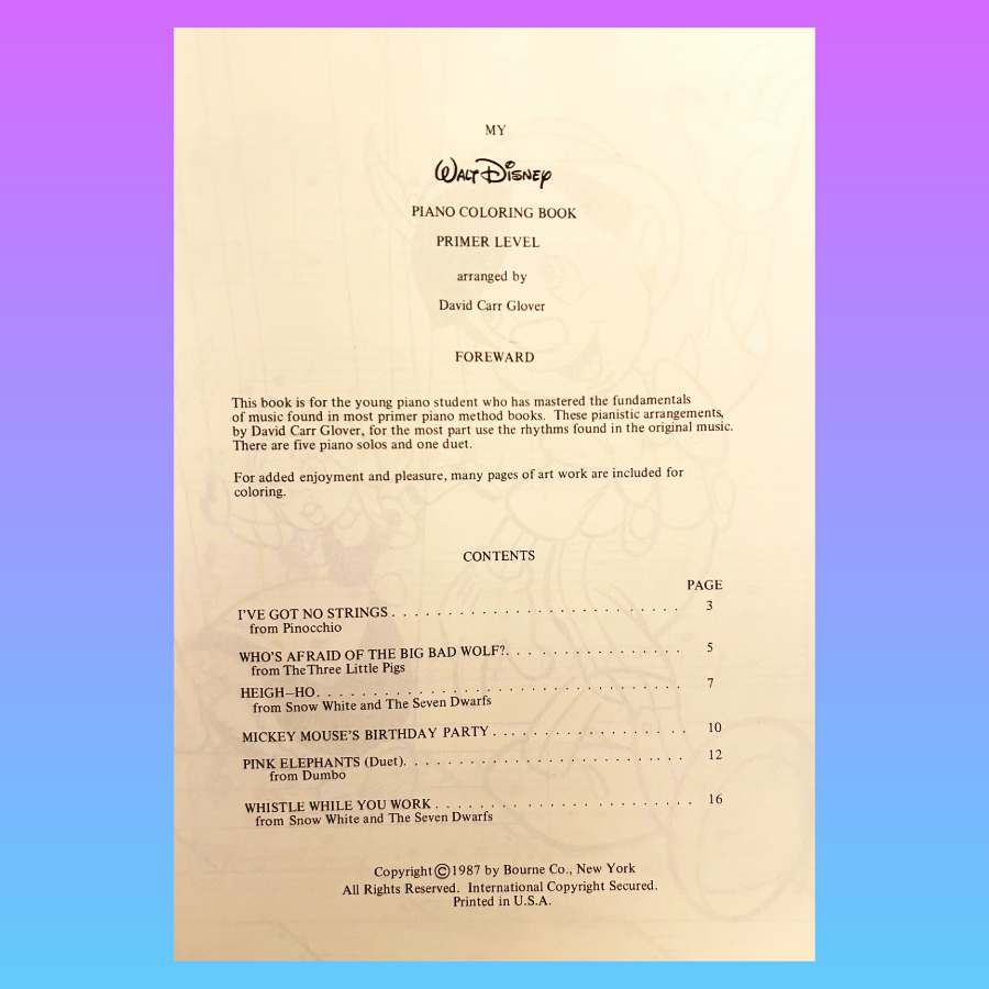 Walt Disney's Piano Coloring Book - Primer Level
