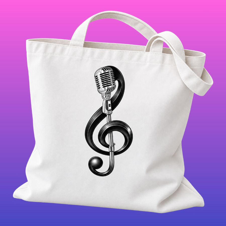 Vintage Microphone and Treble Clef Cotton Tote Bag (40cm x 35cm)