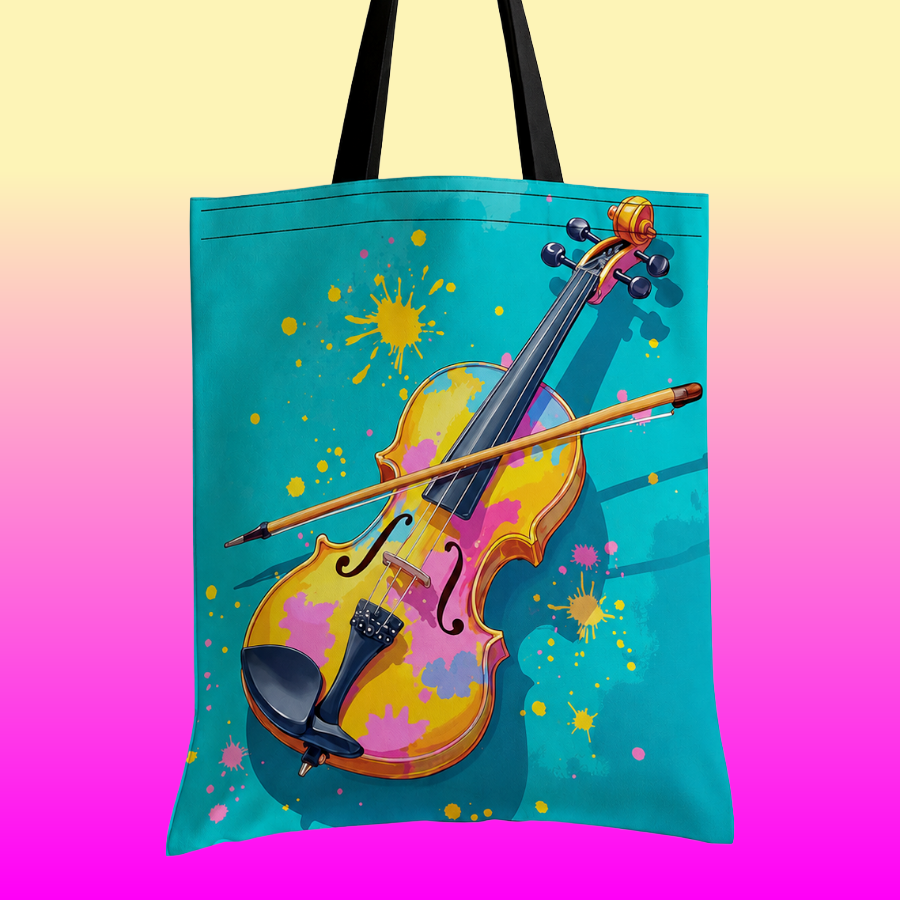 Colour Splash Violin Teal Polyester Burlap Tote Bag (40cm x 35cm)