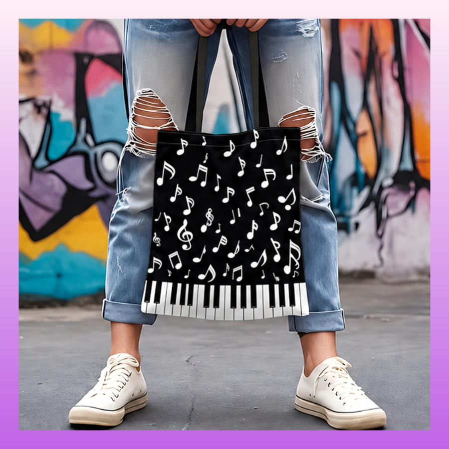 Black and White Music Note and Keys Polyester Tote Bag (40cm x 35cm)