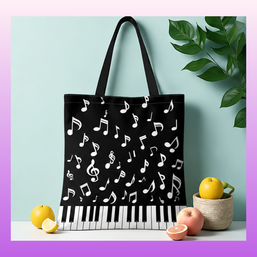 Black and White Music Note and Keys Polyester Tote Bag (40cm x 35cm)