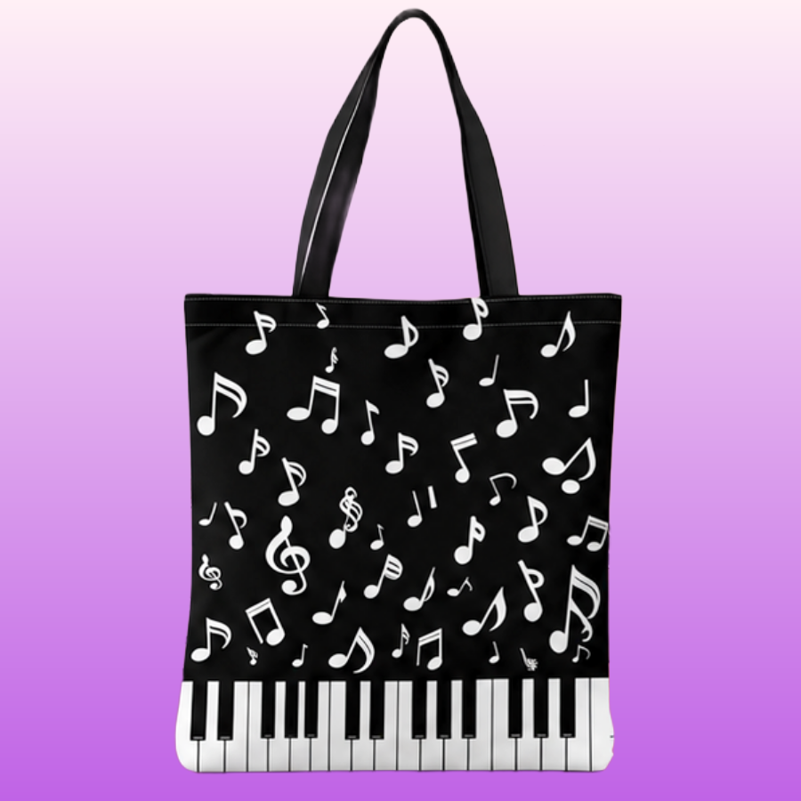 Black and White Music Note and Keys Polyester Tote Bag (40cm x 35cm)