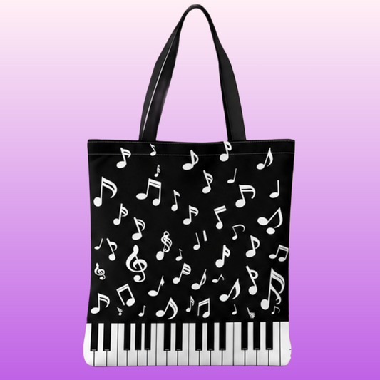 Black and White Music Note and Keys Polyester Tote Bag (40cm x 35cm)