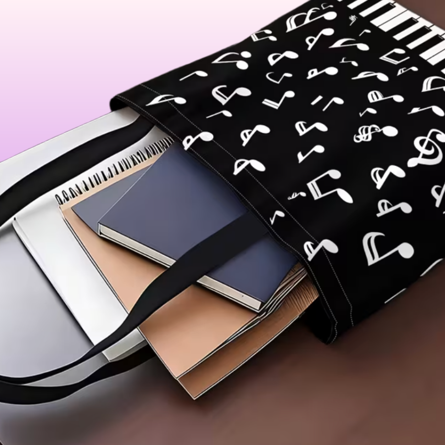 Black and White Music Note and Keys Polyester Tote Bag (40cm x 35cm)