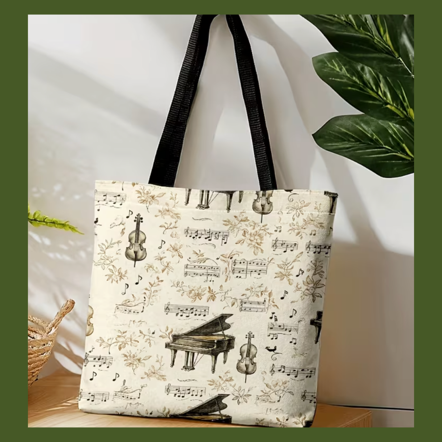 Vintage Piano & Cello Polyester Tote Bag – 40cm x 35cm