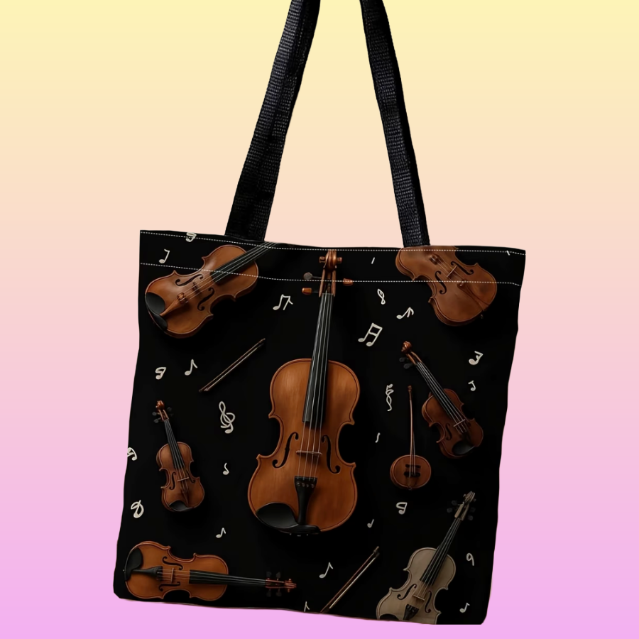 Black Violin & Music Notes Polyester Tote Bag   – 40cm x 35cm