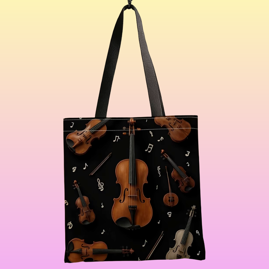 Black Violin & Music Notes Polyester Tote Bag   – 40cm x 35cm