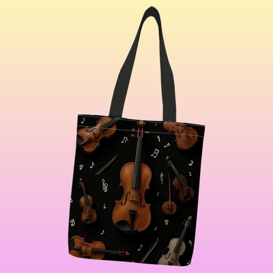 Black Violin & Music Notes Polyester Tote Bag   – 40cm x 35cm