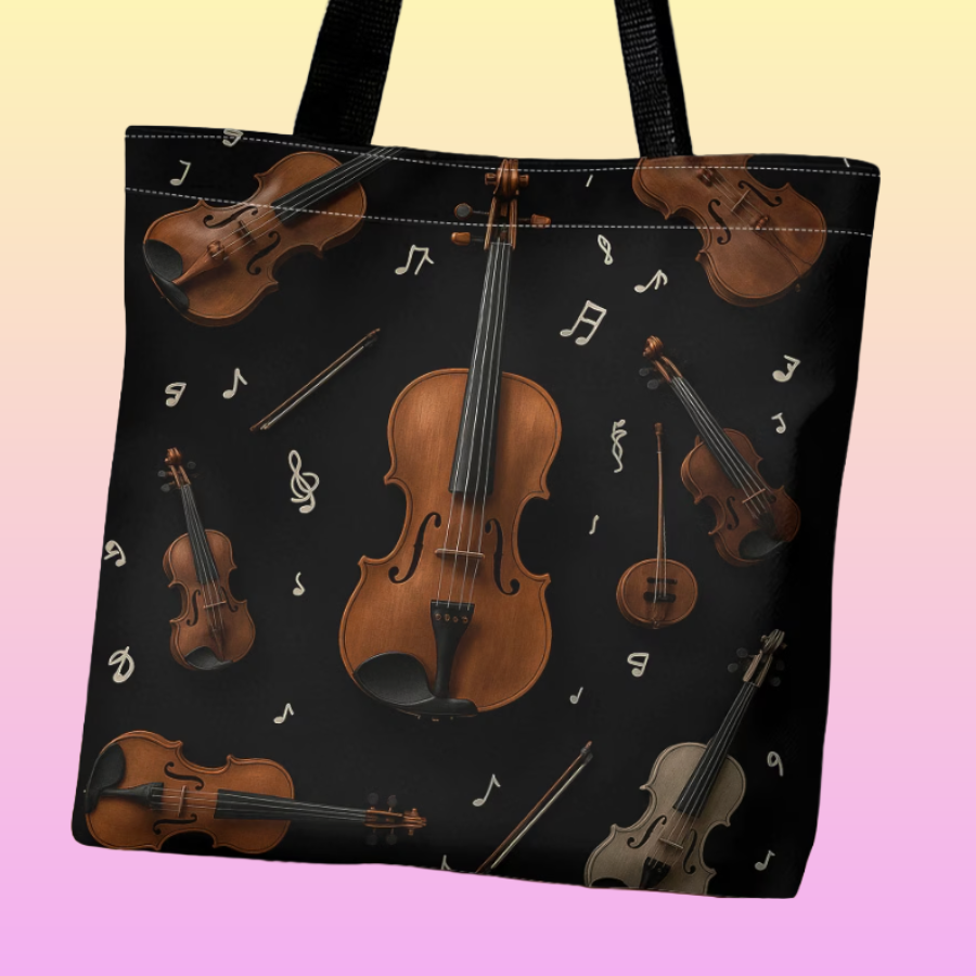 Black Violin & Music Notes Polyester Tote Bag   – 40cm x 35cm