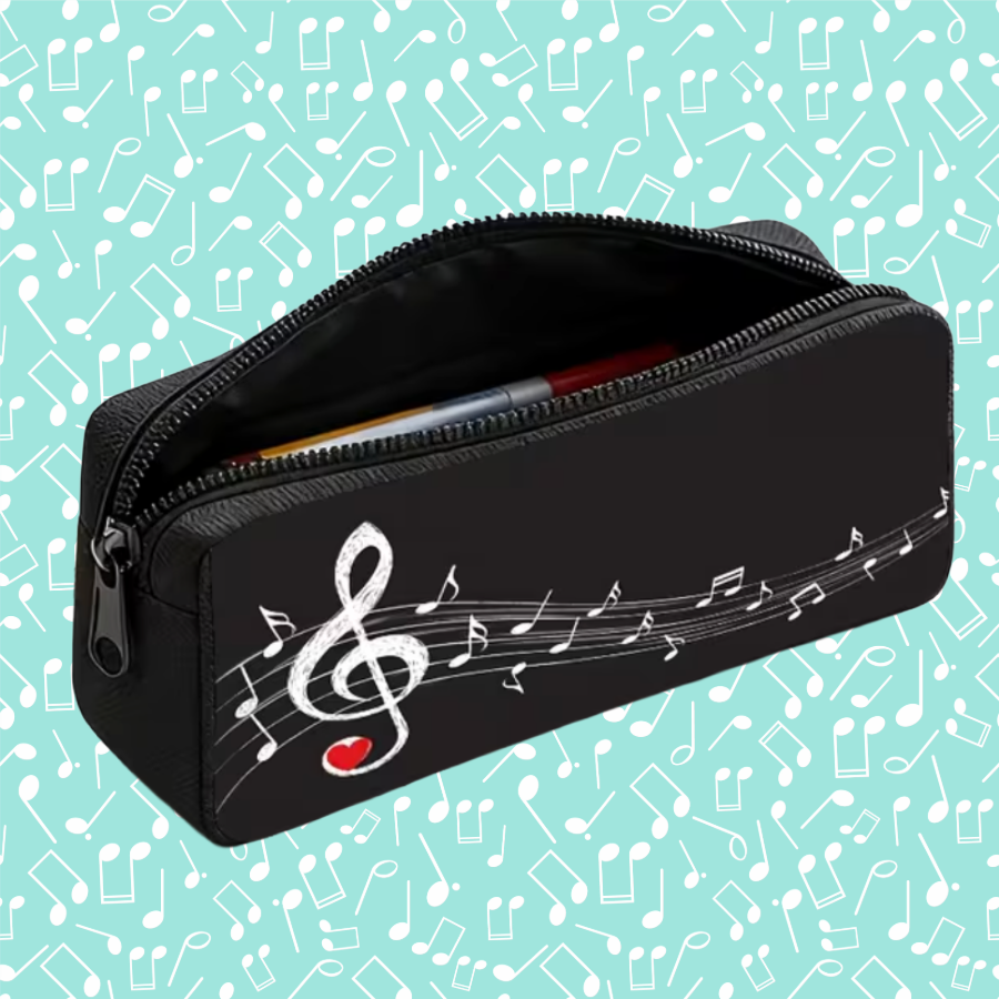 Treble Clef & Music Notes Canvas Pencil Case – Black