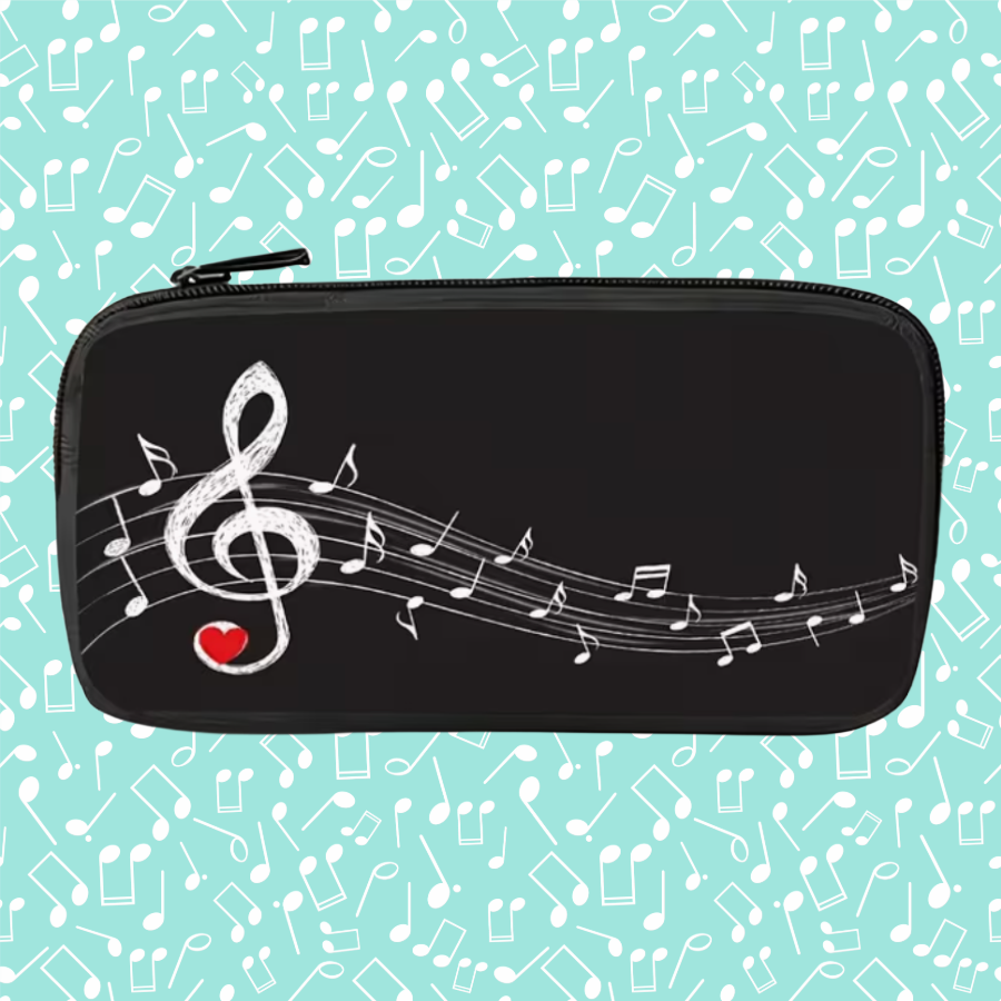 Treble Clef & Music Notes Canvas Pencil Case – Black