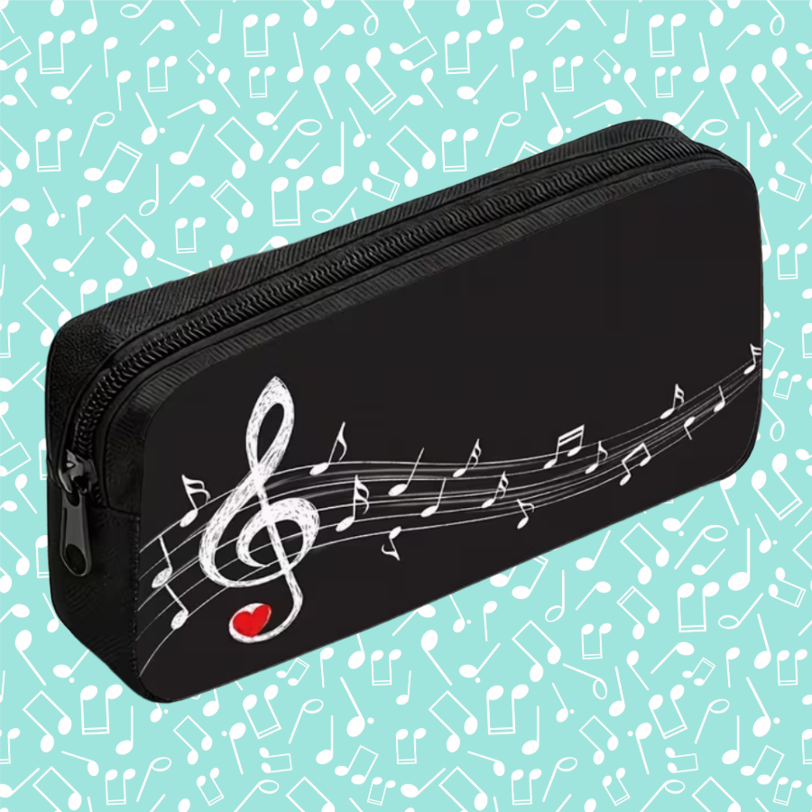 Treble Clef & Music Notes Canvas Pencil Case – Black
