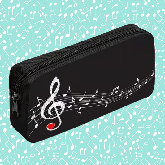 Treble Clef & Music Notes Canvas Pencil Case – Black