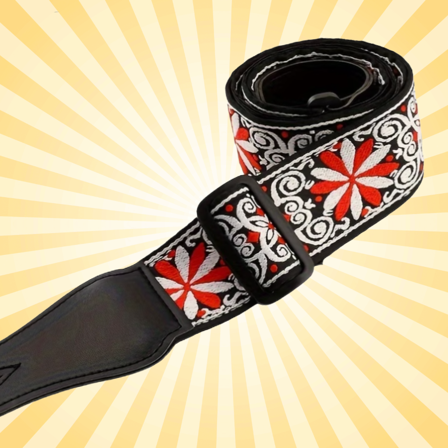 Tapestry Style Retro Guitar/Bass/Ukulele Strap - Embroidered Red Flower