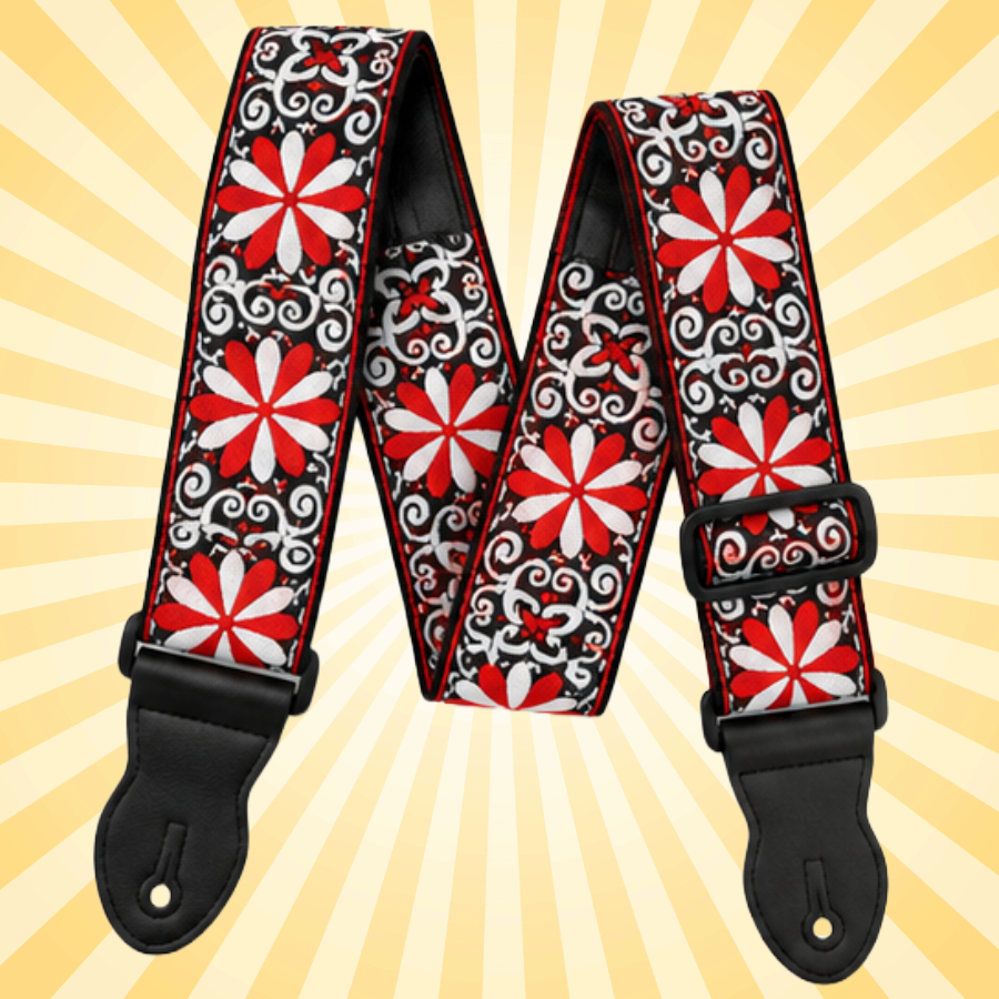 Tapestry Style Retro Guitar/Bass/Ukulele Strap - Embroidered Red Flower