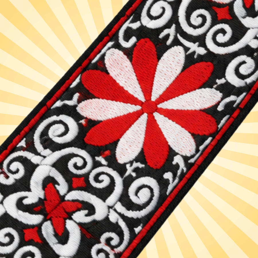Tapestry Style Retro Guitar/Bass/Ukulele Strap - Embroidered Red Flower