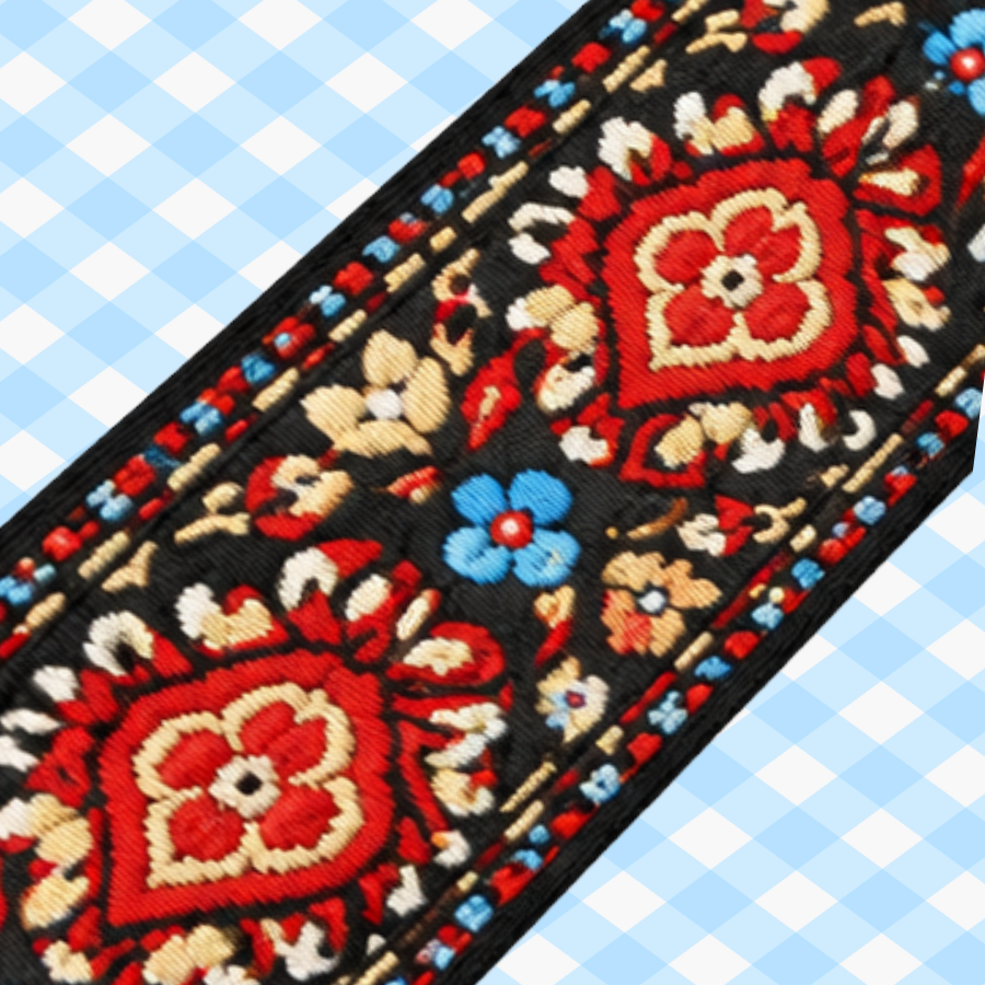 Vintage Folk Embroidered Guitar/Bass/Ukulele Strap- Red & Blue Floral