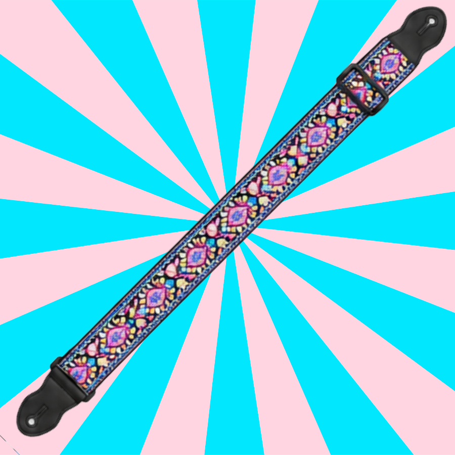Vintage Folk Embroidered Guitar/Bass/Ukulele Strap - Flamingo Pink & Blue