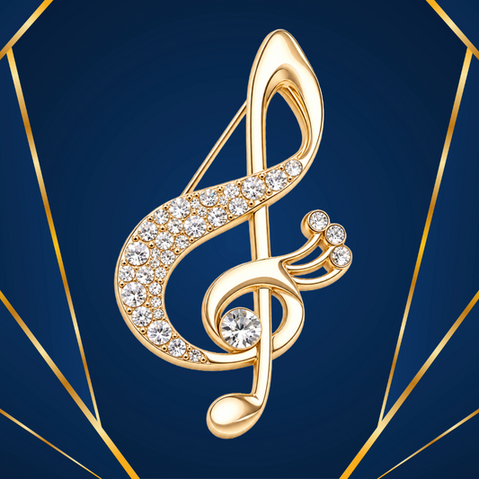 Gold Treble Clef Pin with White Rhinestones