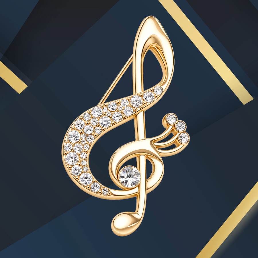 Gold Treble Clef Pin with White Rhinestones