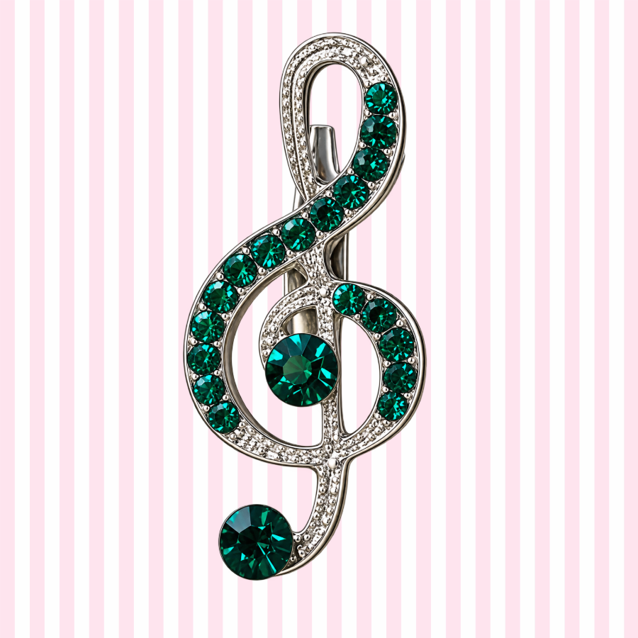 Silver Treble Clef Pin with Emerald Green Rhinestones