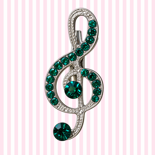 Silver Treble Clef Pin with Emerald Green Rhinestones