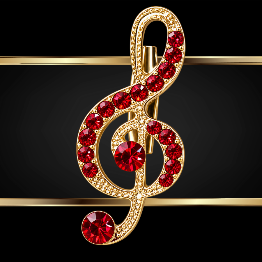 Gold Treble Clef Pin with Red Rhinestones (1.6cm x 3.4cm)