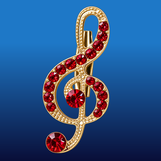 Gold Treble Clef Pin with Red Rhinestones (1.6cm x 3.4cm)