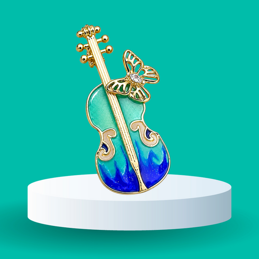 Blue Teal Rhinestone Violin with Butterly Enamel Pin