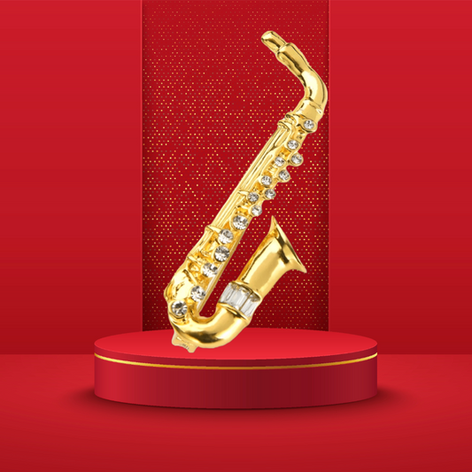 Gold Enamel Saxophone Pin with Rhinestones