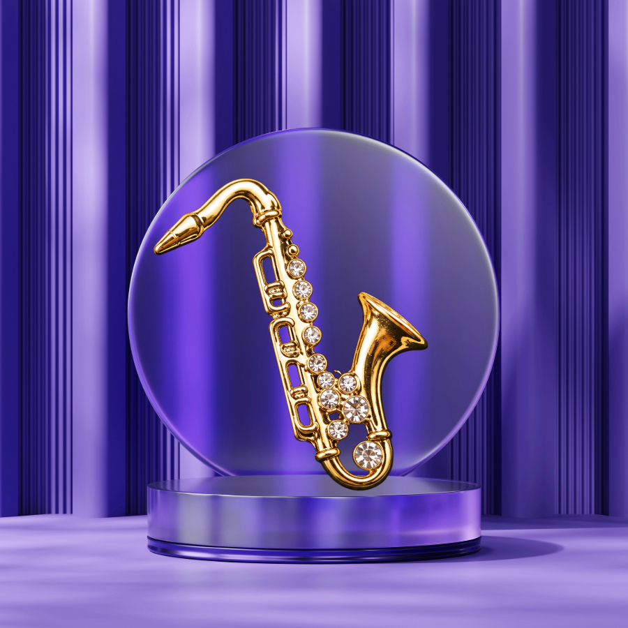 Gold Alto Saxophone Pin with Rhinestones