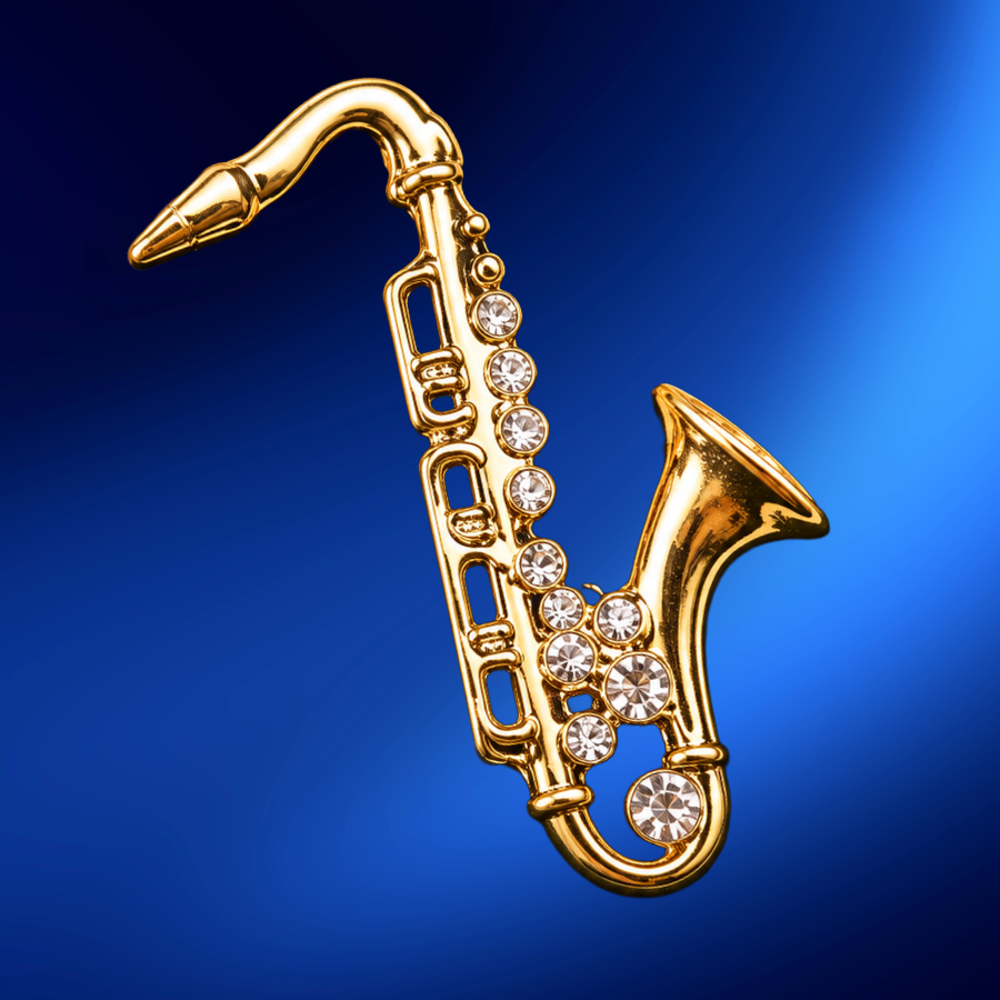 Gold Alto Saxophone Pin with Rhinestones