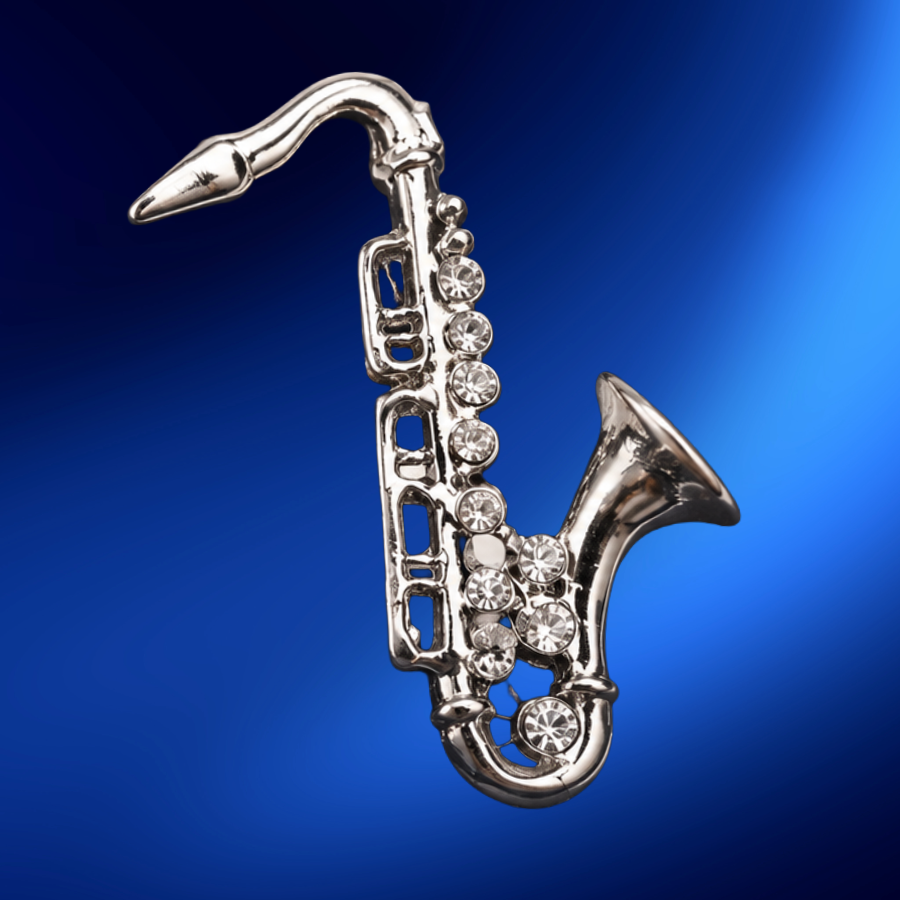 Silver Alto Saxophone Pin with Rhinestones