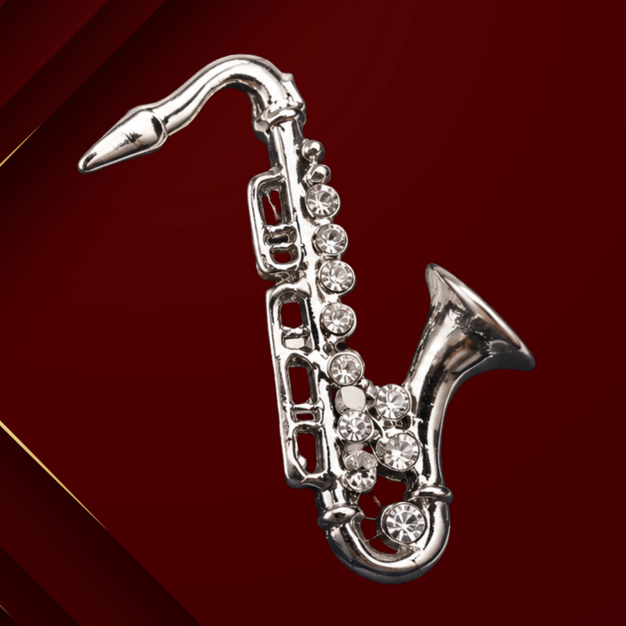 Silver Alto Saxophone Pin with Rhinestones