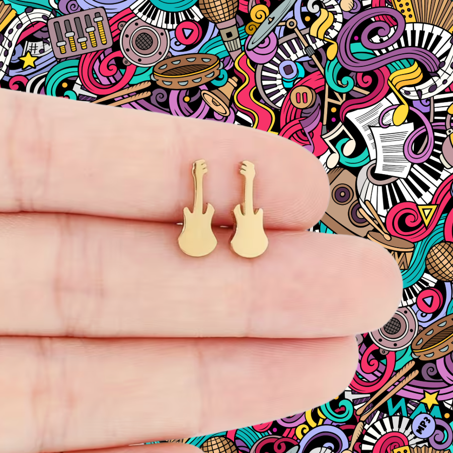 Gold Plated Mini Guitar Stud Earrings (316L Stainless Steel)