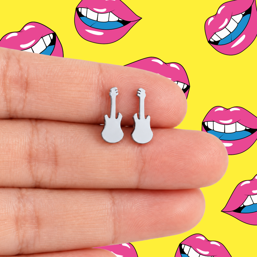 Silver Plated Mini Guitar Stud Earrings (316L Stainless Steel)