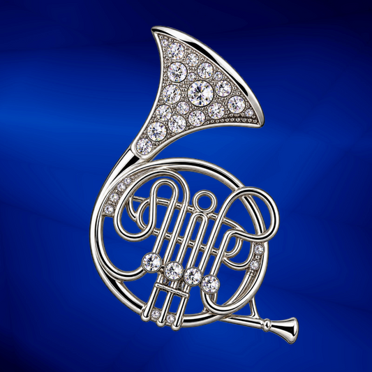 French Horn Pin With Rhinestones (Rhodium Plated)