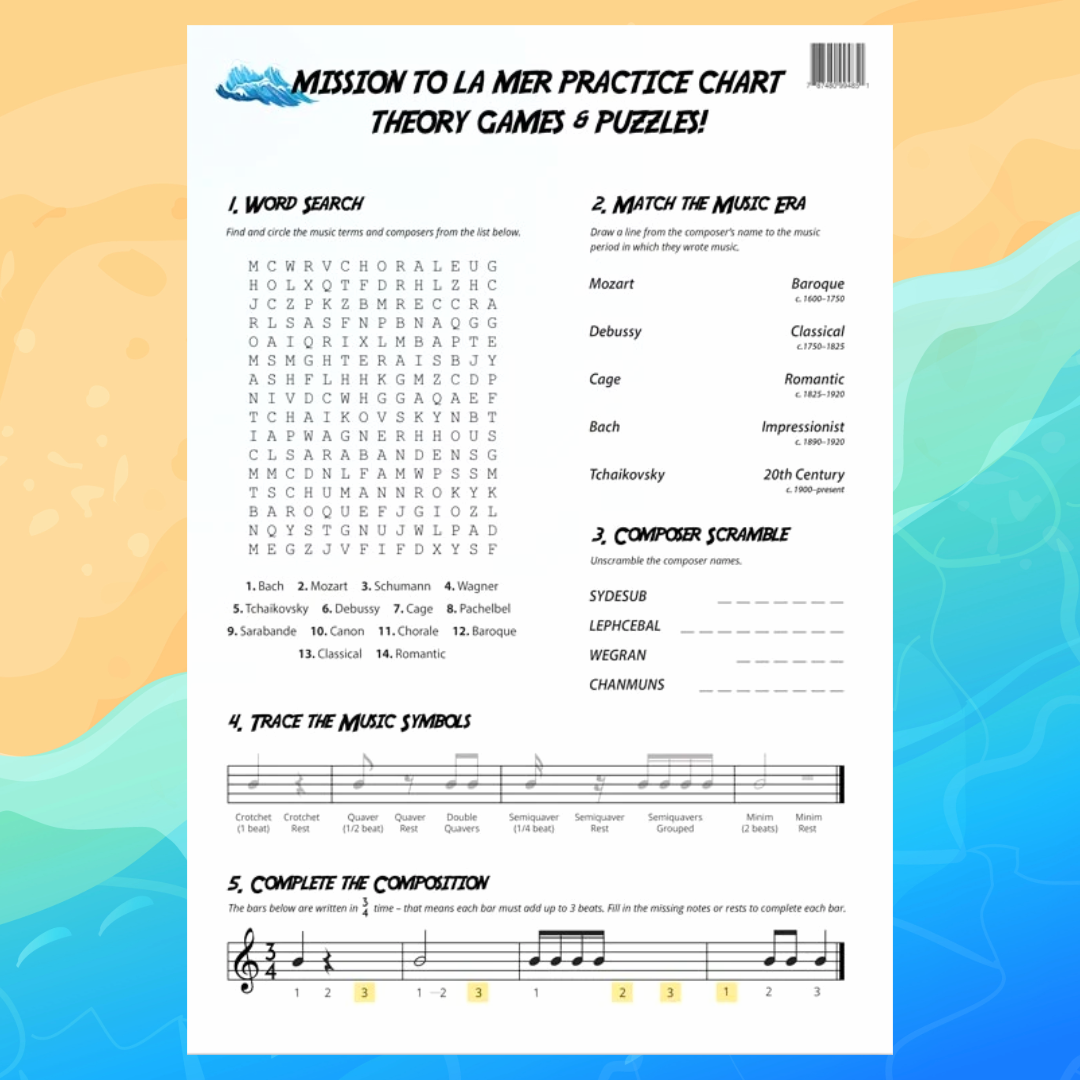 Musically Gifted - Mission to La Mer A3 Music Practice Chart with Stickers