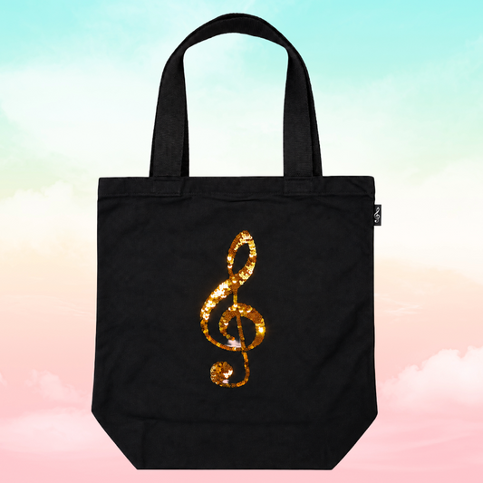 Black Canvas Music Bag with Reversible Gold/ Silver Sequin Treble Clef
