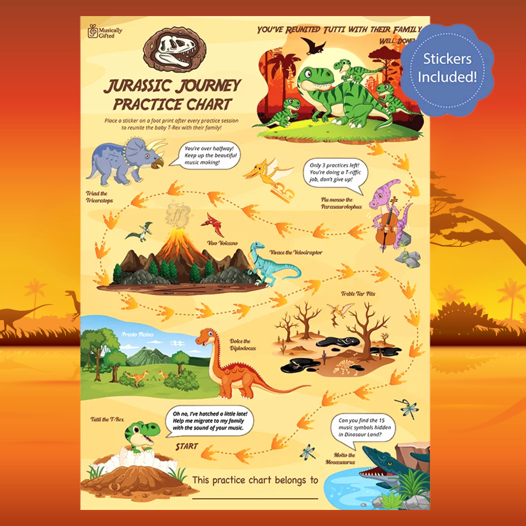 Musically Gifted - Jurassic Journey A3 Music Practice Chart with Stickers