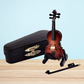 Decorative Miniature Wooden Violin Ornament with Bow, Case, and Display Stand
