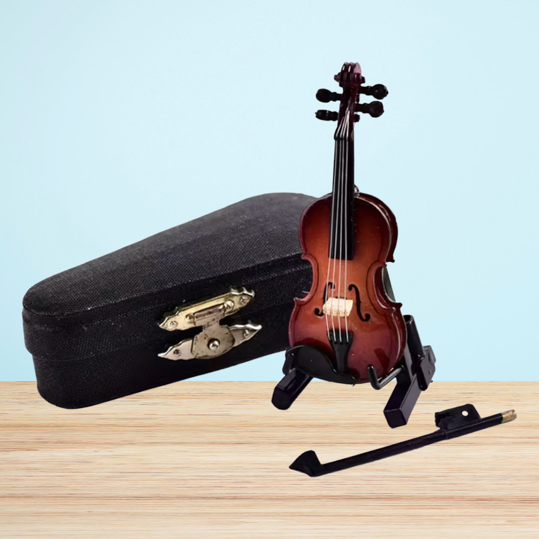 Decorative Miniature Wooden Violin Ornament with Bow, Case, and Display Stand