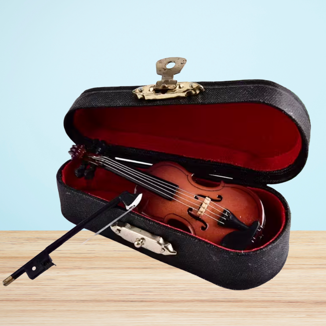 Decorative Miniature Wooden Violin Ornament with Bow, Case, and Display Stand