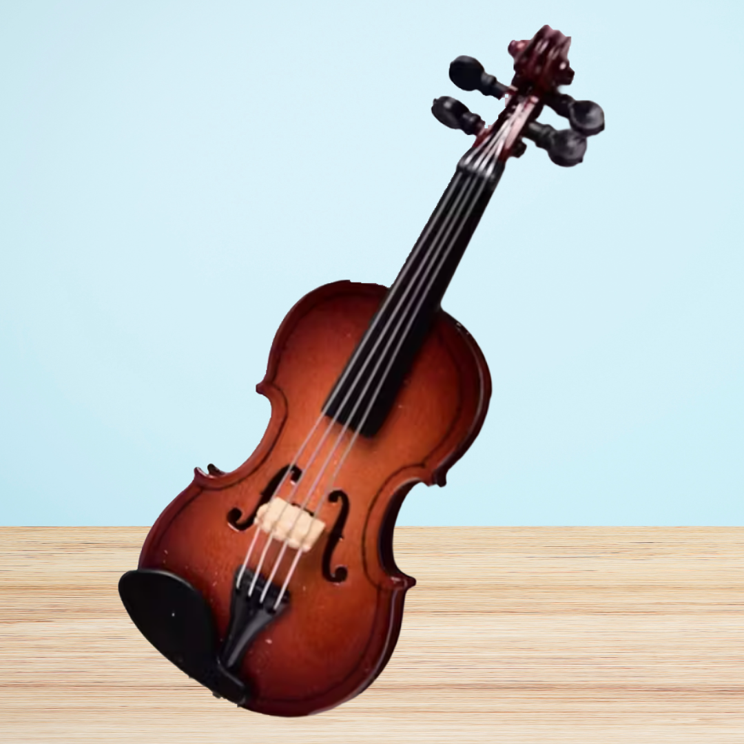 Decorative Miniature Wooden Violin Ornament with Bow, Case, and Display Stand