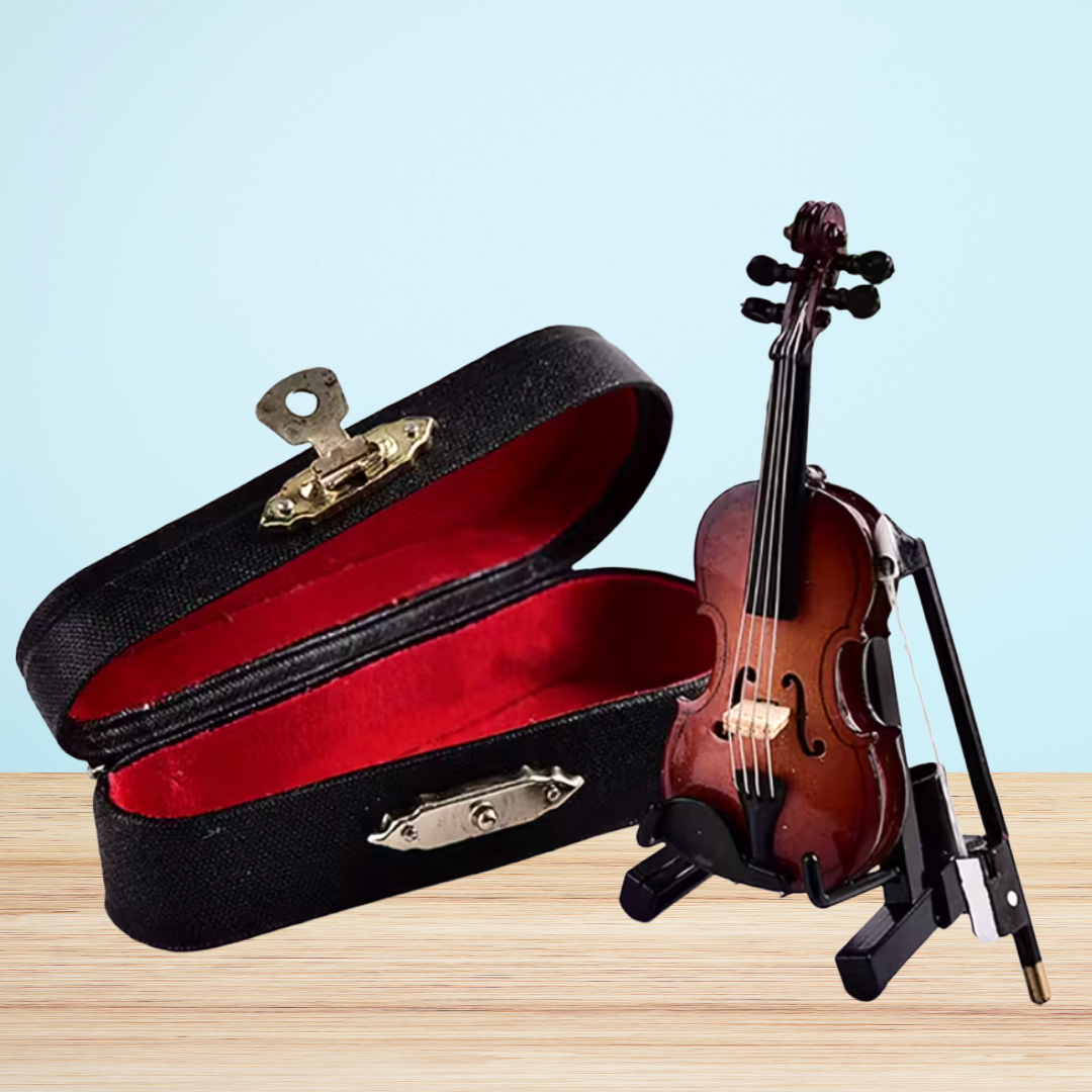 Decorative Miniature Wooden Violin Ornament with Bow, Case, and Display Stand