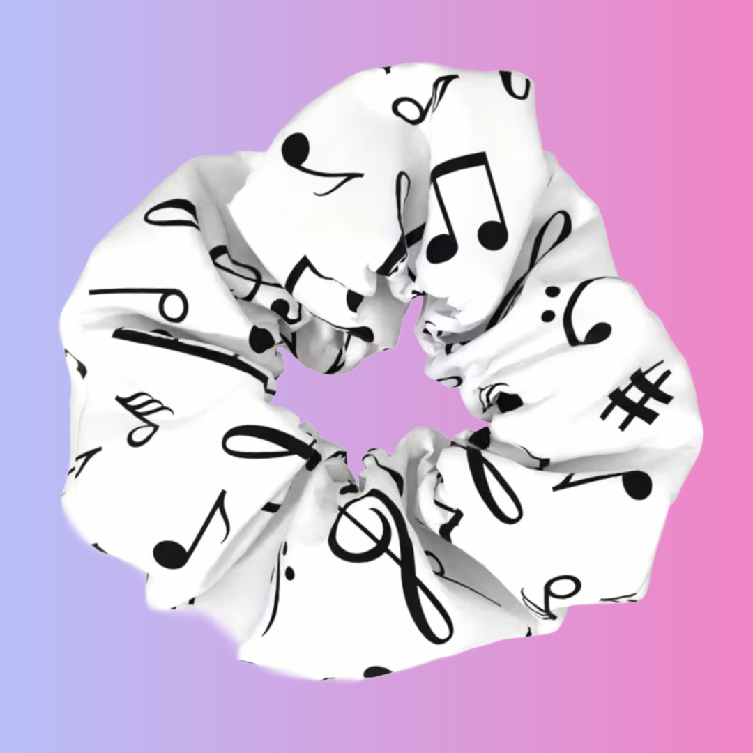 White Music Notes and Musical Motif Hair Scrunchie